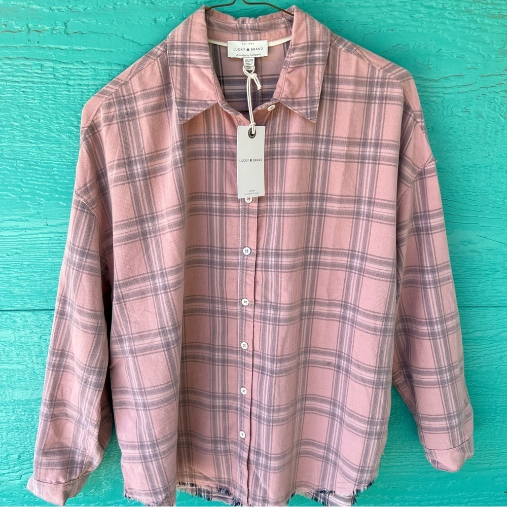 LUCKY BRAND SOFT PINK PLAID CORDUROY FLANNEL LS BUTTON FRONT SHIRT SIZE XS NWT